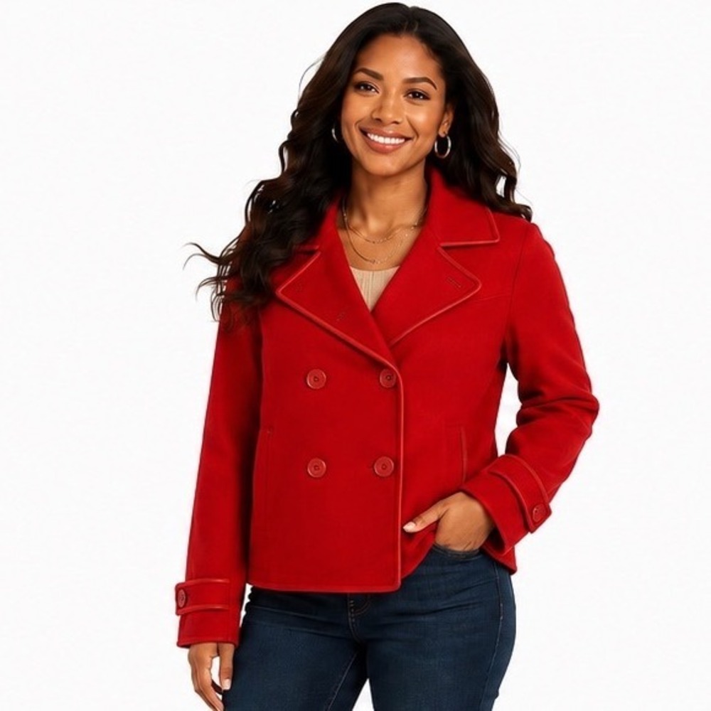 LOFT Red 100% Cotton Double Breasted Pea Coat Jacket S Preppy Academia 57-09